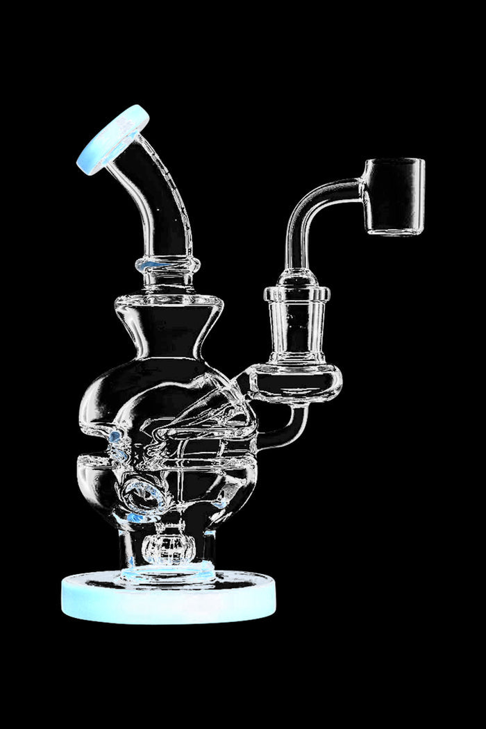 Front view of the Pulsar Mini Egg Dab Rig, showcasing its clear glass construction and compact size with a curved mouthpiece.