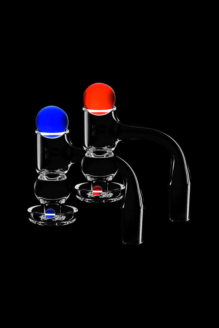 Front view of the Pulsar Quartz Terp Slurper Hybrid Set, displaying the clear quartz banger against a stark black backdrop.
