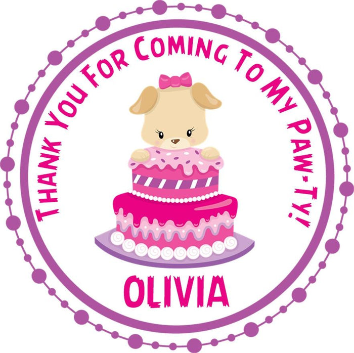 Girls puppy birthday sticker with tan puppy and pink cake