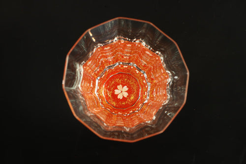 "Raden" Lacquer Coated Glass 150ml - Kaleidoscope Glass with Cherry Blossoms Pattern (gold-red)