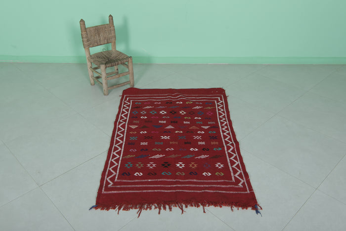 Red Moroccan Handwoven Kilim Rug 3.1x4.6 FT | Unique Artisan Design - Handwoven Kilim