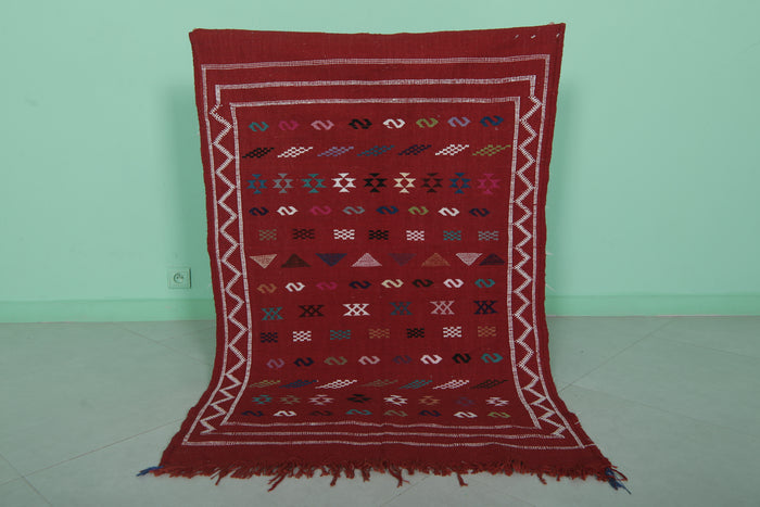 Red Moroccan Handwoven Kilim Rug 3.1x4.6 FT | Unique Artisan Design - Handwoven Kilim