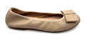 Beige leather ballet flat with a rounded toe and a large folded bow accent on the front. Side view