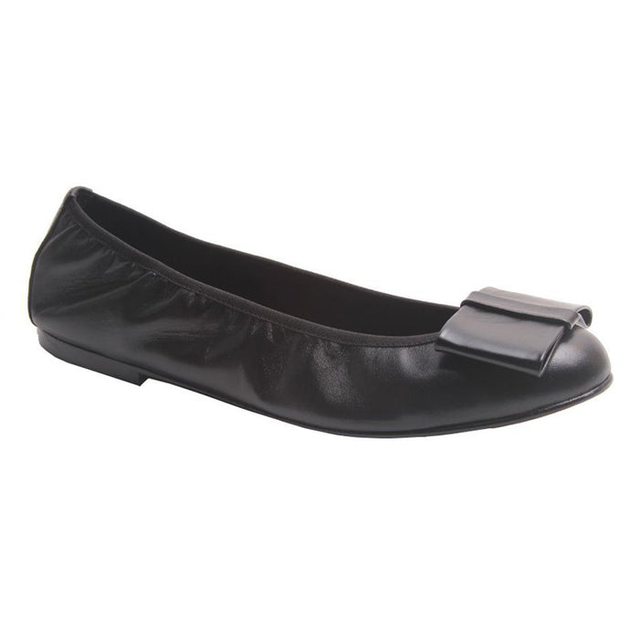 Black leather ballet flat with a rounded toe and a large folded bow accent on the front. Angle view
