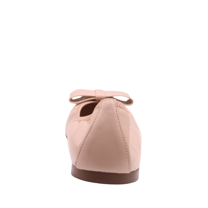 Blush leather ballet flat with a rounded toe and a large folded bow accent on the front. black view