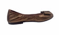 Bronze Metallic leather ballet flat with a rounded toe and a large folded bow accent on the front. side view
