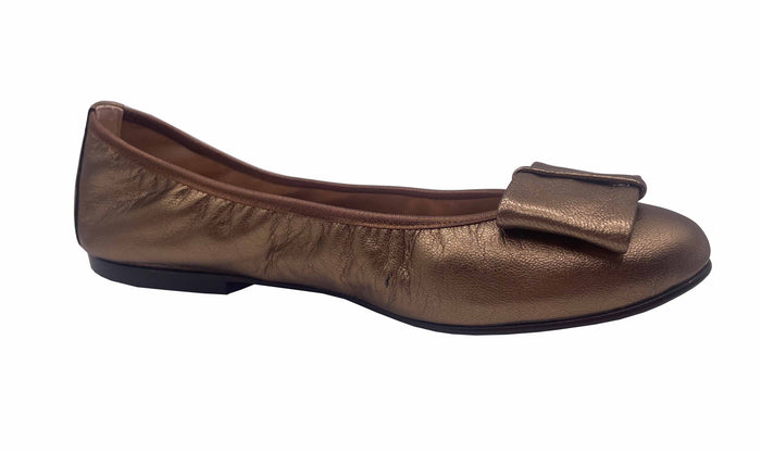 Bronze Metallic leather ballet flat with a rounded toe and a large folded bow accent on the front. side view Angle View