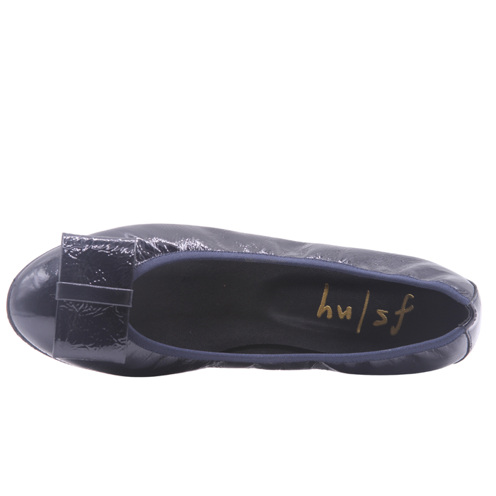 navy soft patent ballet flat with a navy soft paten bow and navy gross grain top view