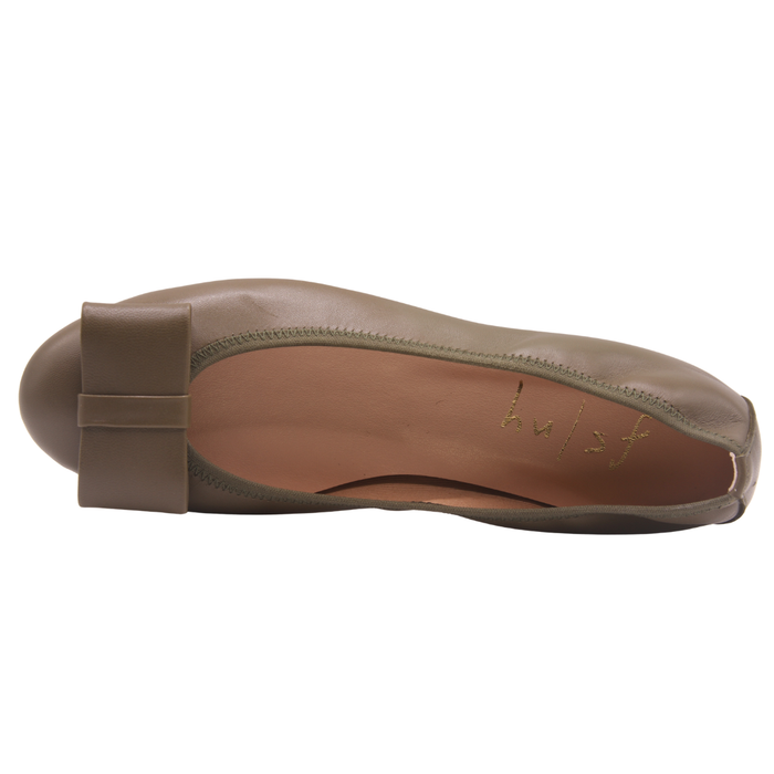 Olive leather ballet flat with a rounded toe and a large folded bow accent on the front. Top View