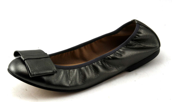 Pewter Metallic leather ballet flat with a rounded toe and a large folded bow accent on the front. Angle View