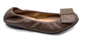 Taupe Leather ballet flat with a rounded toe and a large folded bow accent on the front. Side View