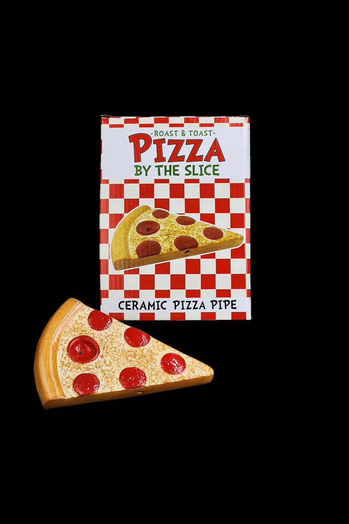 A ceramic cannabis pipe shaped like a slice of pepperoni pizza, packaged in a box labeled "Pizza by the Slice."