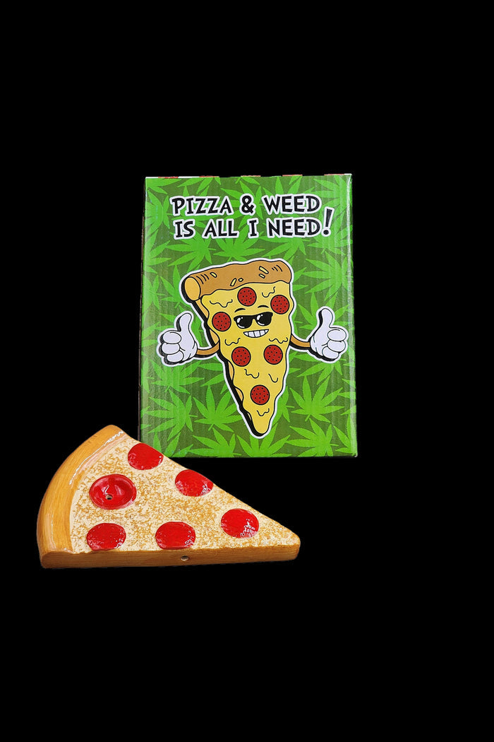 A slice of pizza beside a green box with a cartoon pizza slice wearing sunglasses and giving thumbs up, text reads "PIZZA & WEED IS ALL I NEED!".