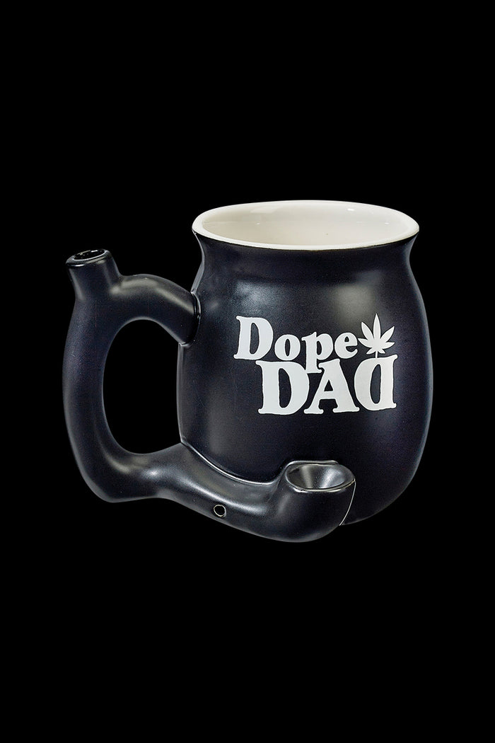 A side view of the Roast & Toast Dope Dad Mug Pipe, resembling a ceramic mug with a built-in pipe stem.