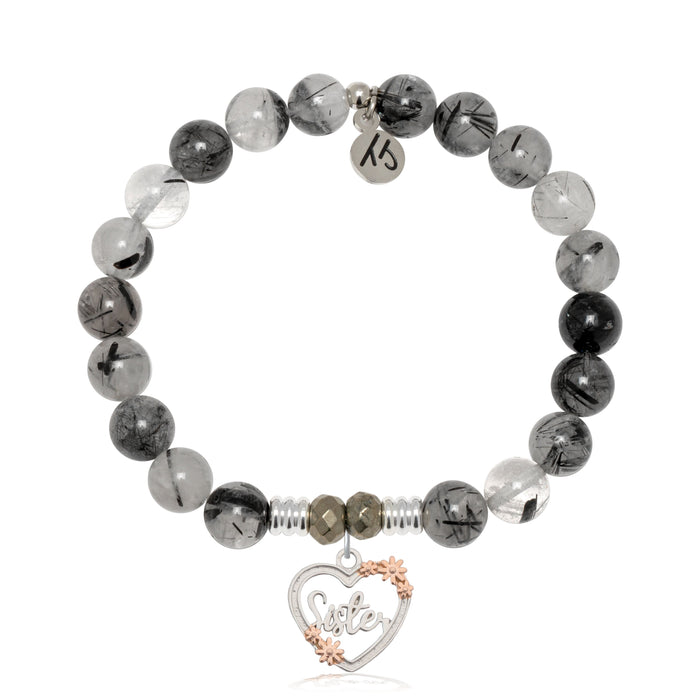 Rutilated Quartz Gemstone Bracelet with Heart Sister Sterling Silver Charm