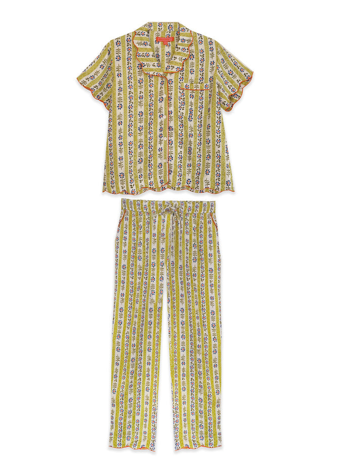 Scalloped Pajama Short Top & Pant - Green Daisy
