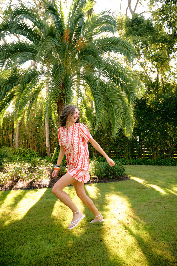 Short Sleeve Mini Kaftan - Frond Orange