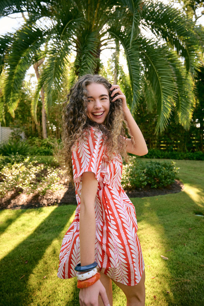 Short Sleeve Mini Kaftan - Frond Orange