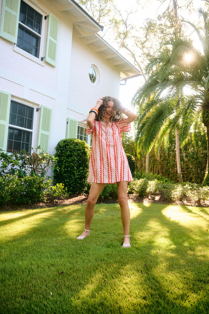 Short Sleeve Mini Kaftan - Frond Orange