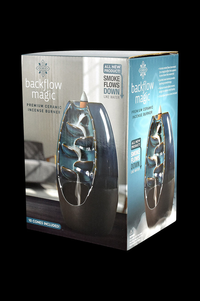 A front view of the Back Flow Magic Ceramic Incense Burner, displaying its detailed design and ceramic material against a simple black background.