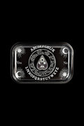 The Ouija Board Metal Rolling Tray is displayed as a top-down view of a circular, dark metal tray with a printed Ouija board design.