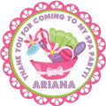 Spa party favor label with pink and purple spa items
