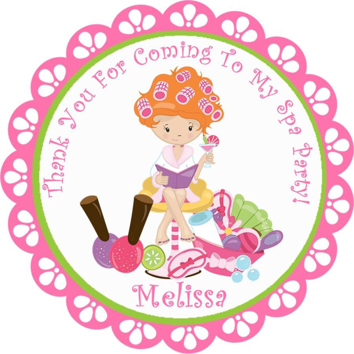 Pink spa party favor label with rollers and beauty accessories