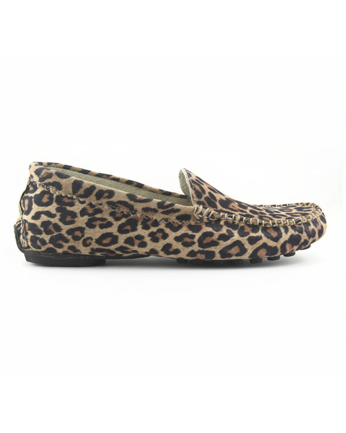 Leopard-print suede loafer with a rounded moc-toe design and stitched detailing around the toe Side view