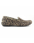 Leopard-print suede loafer with a rounded moc-toe design and stitched detailing around the toe Side view