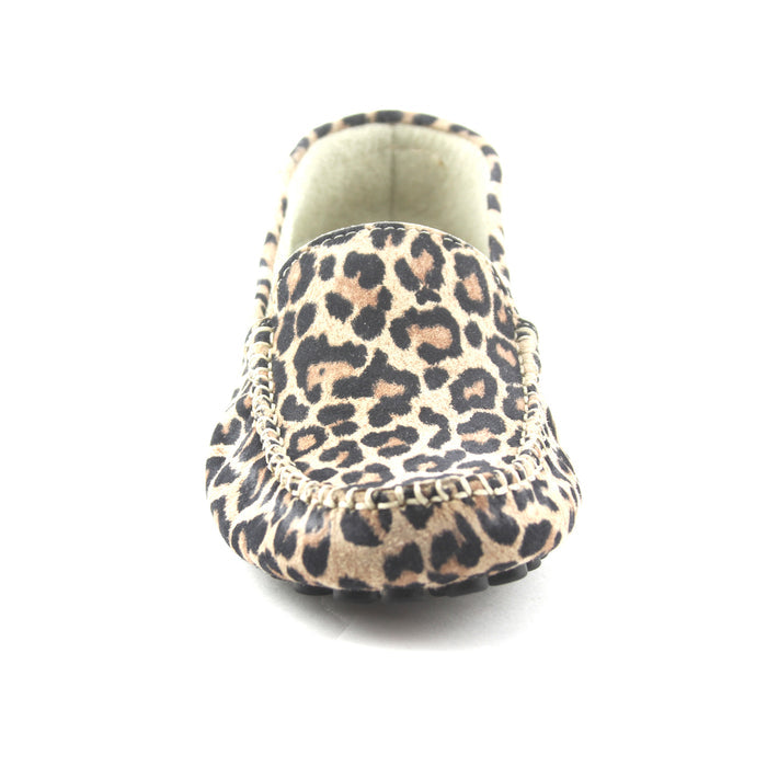 A leopard print suede slip-on loafer with a rubber sole front view