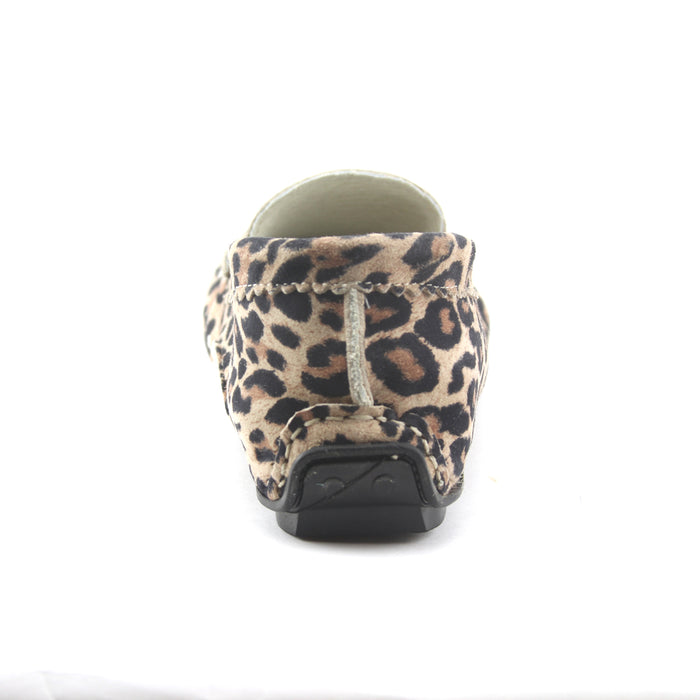A leopard print suede slip-on loafer with a rubber sole. back view