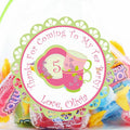 Pink and green teacup birthday label with custom name