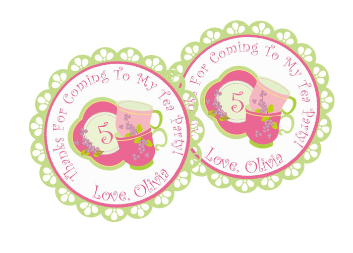 Pink and green floral tea party birthday sticker with stacked teacups