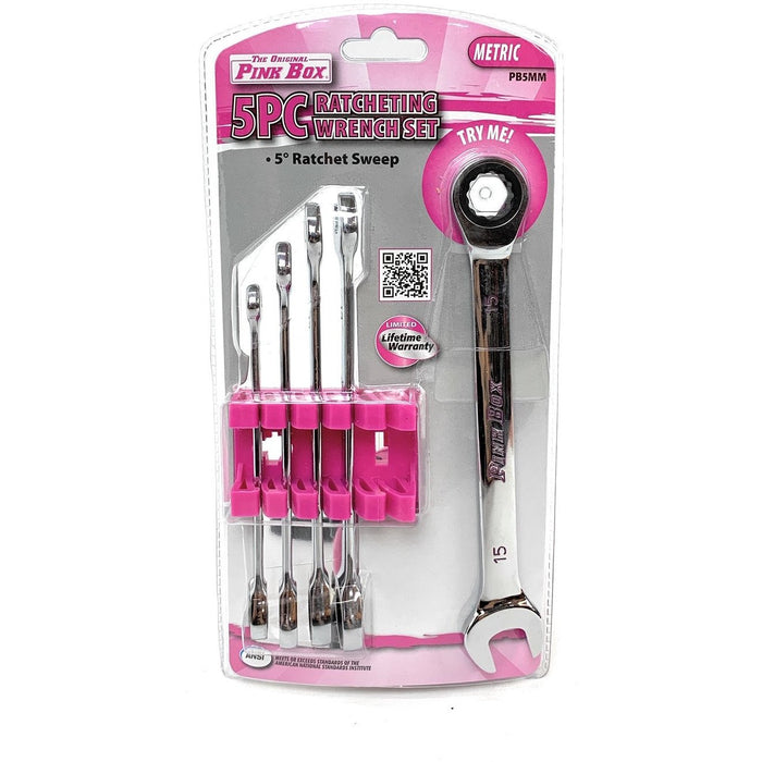 The Original Pink Box PB5MM 5 Pc Ratcheting Wrench Set Metric, Pink