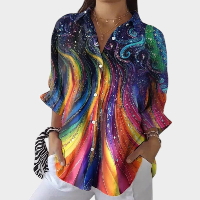 Vibrant Galaxy Swirl Button‑Down Top