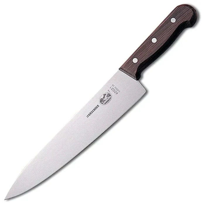 A 12 inch Victorinox chef's knife with a stainless steel blade and a brown wooden handle.