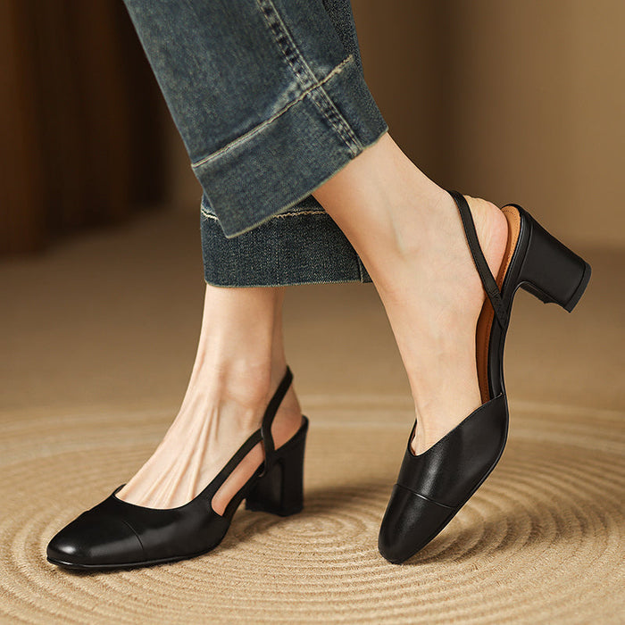 Viviana | Women Leather Slingback Heels Round Toe Block Heel