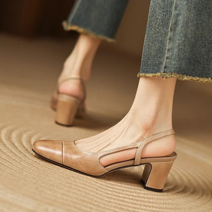 Viviana | Women Leather Slingback Heels Round Toe Block Heel