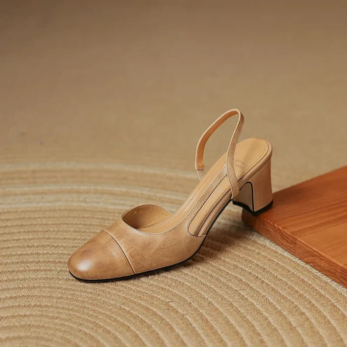 Viviana | Women Leather Slingback Heels Round Toe Block Heel