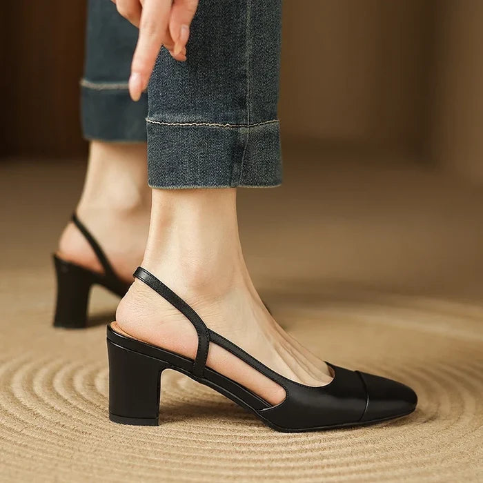 Viviana | Women Leather Slingback Heels Round Toe Block Heel