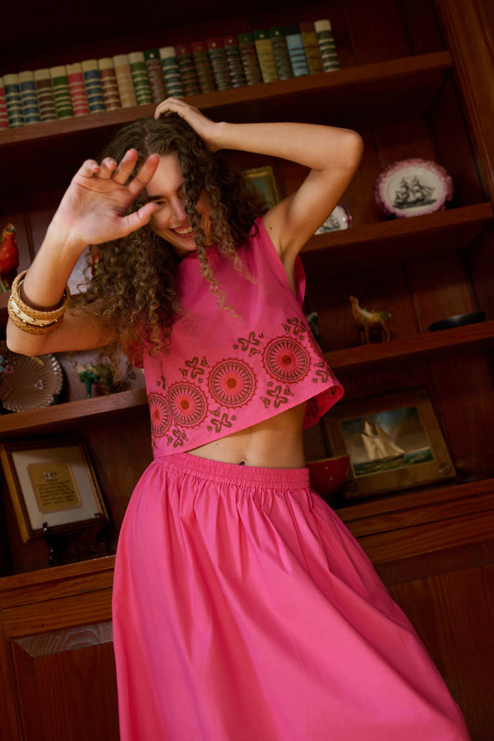 Walker Boxy Crop Top - Pink Embroidered