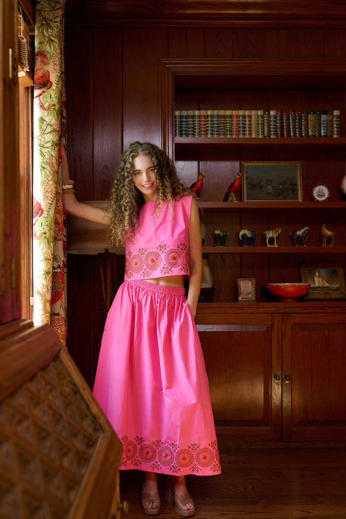 Walker Boxy Crop Top - Pink Embroidered