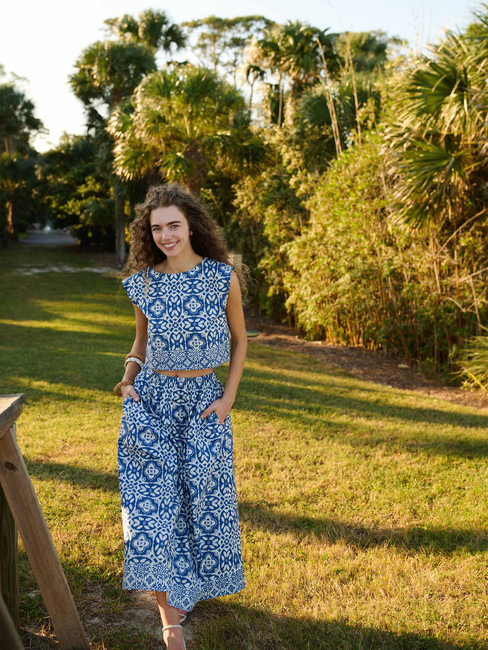 Walker Boxy Crop Top - Rosetta Tile Navy